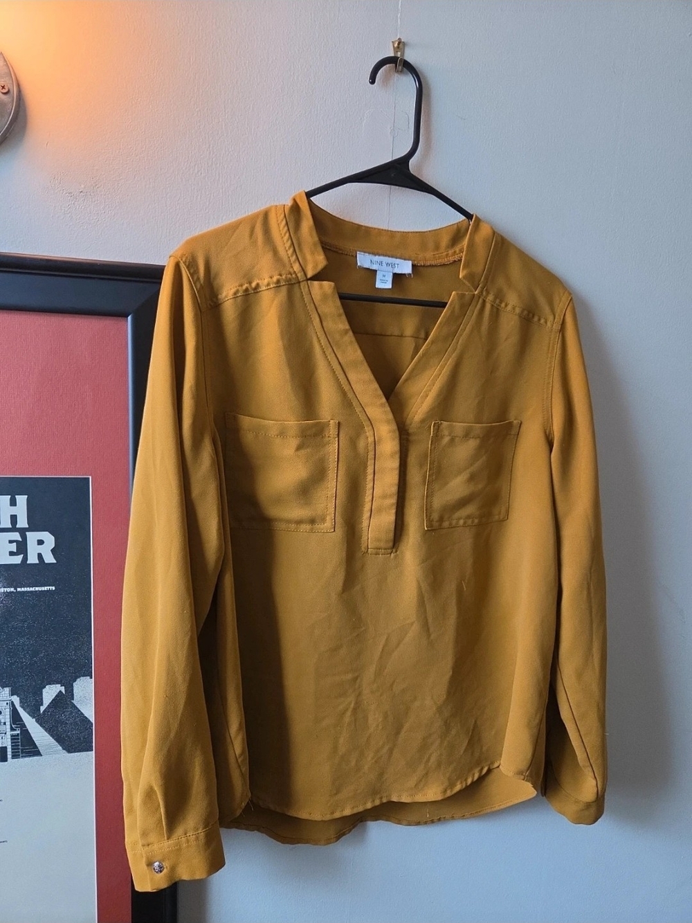 Nine West Women's Mustard V-Neck Pocket Blouse